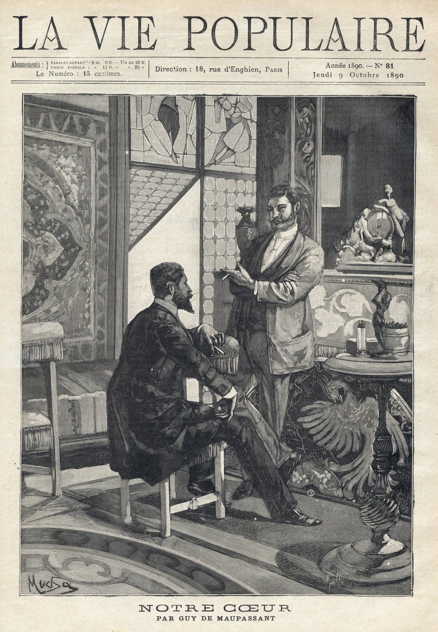 Twee mannen, een zittend en de ander staand, tegenover elkaar en in gesprek, roken sigaretten in een rijkelijk versierde woonkamer (glas-in-loodramen, meubels, kunstvoorwerpen). Illustratie door Alfons Maria Mucha door Alphonse Mucha