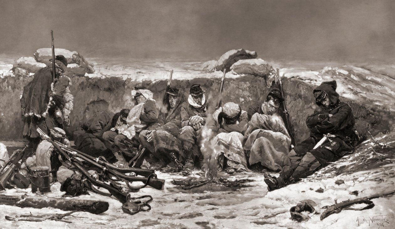 Franse soldaten in loopgraaf. Beleg van Parijs. Frans-Duitse Oorlog door Alphonse Marie de (after) Neuville