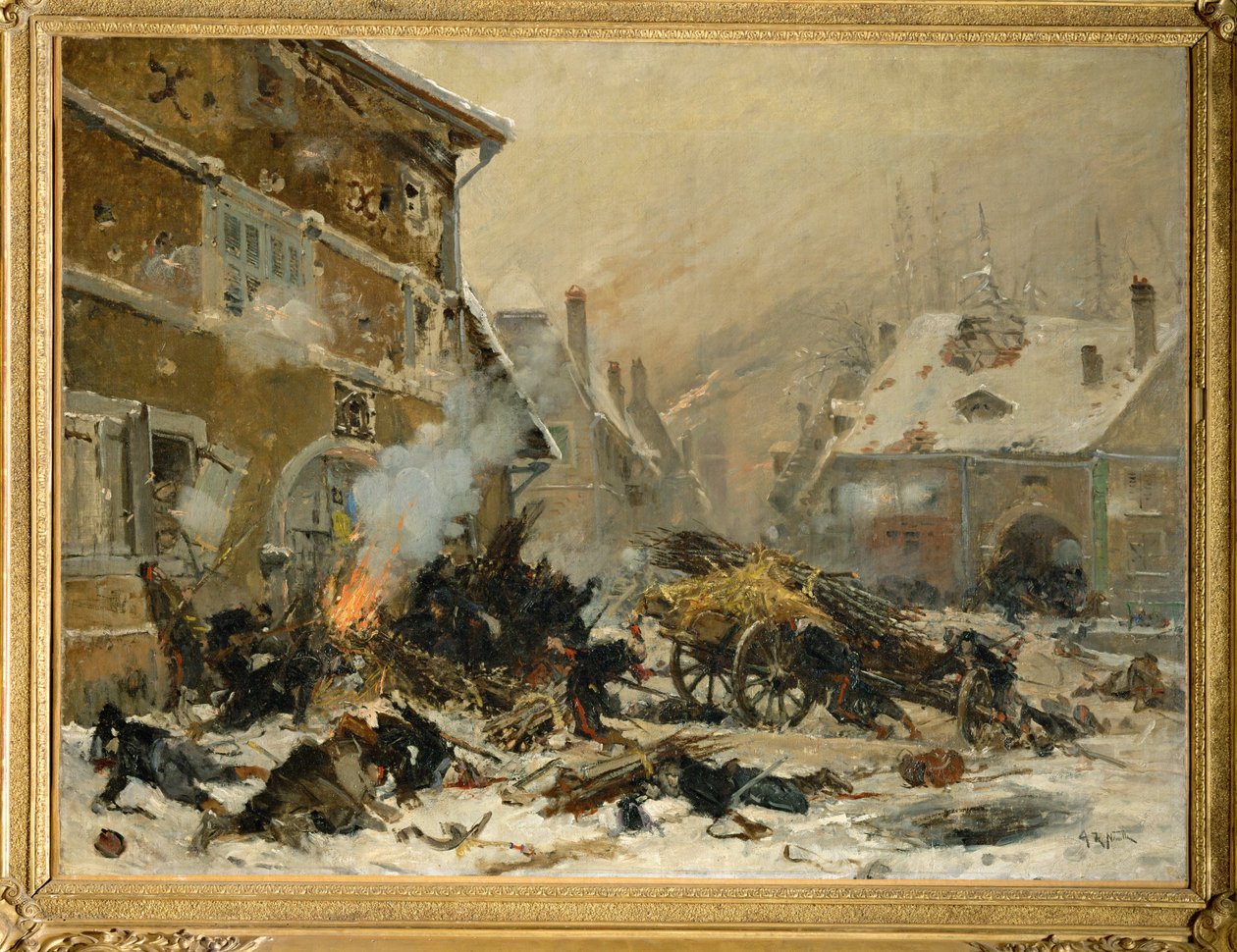 Aanval op een gebarricadeerd huis in Villersexel, oostelijk leger ... (schilderij op doek) door Alphonse Marie de Neuville