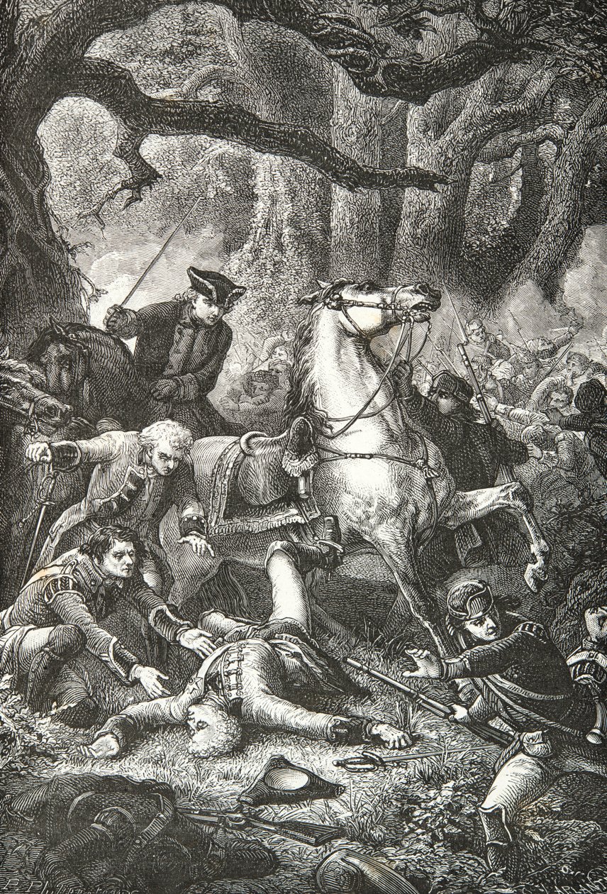 Dood van generaal Edward Braddock bij de slag om Monongahela door Alphonse Marie de Neuville