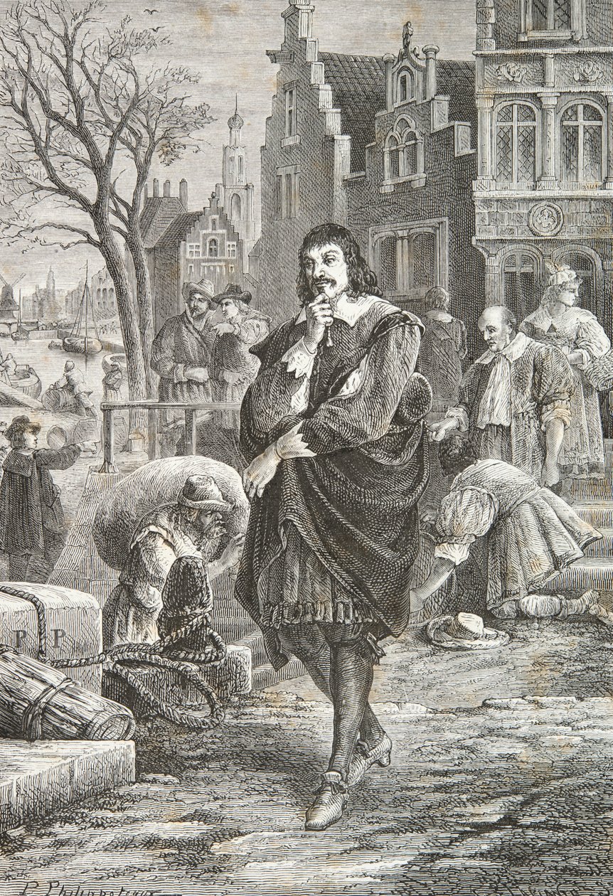 Descartes wandelend in Amsterdam (Gravure) door Alphonse Marie de Neuville