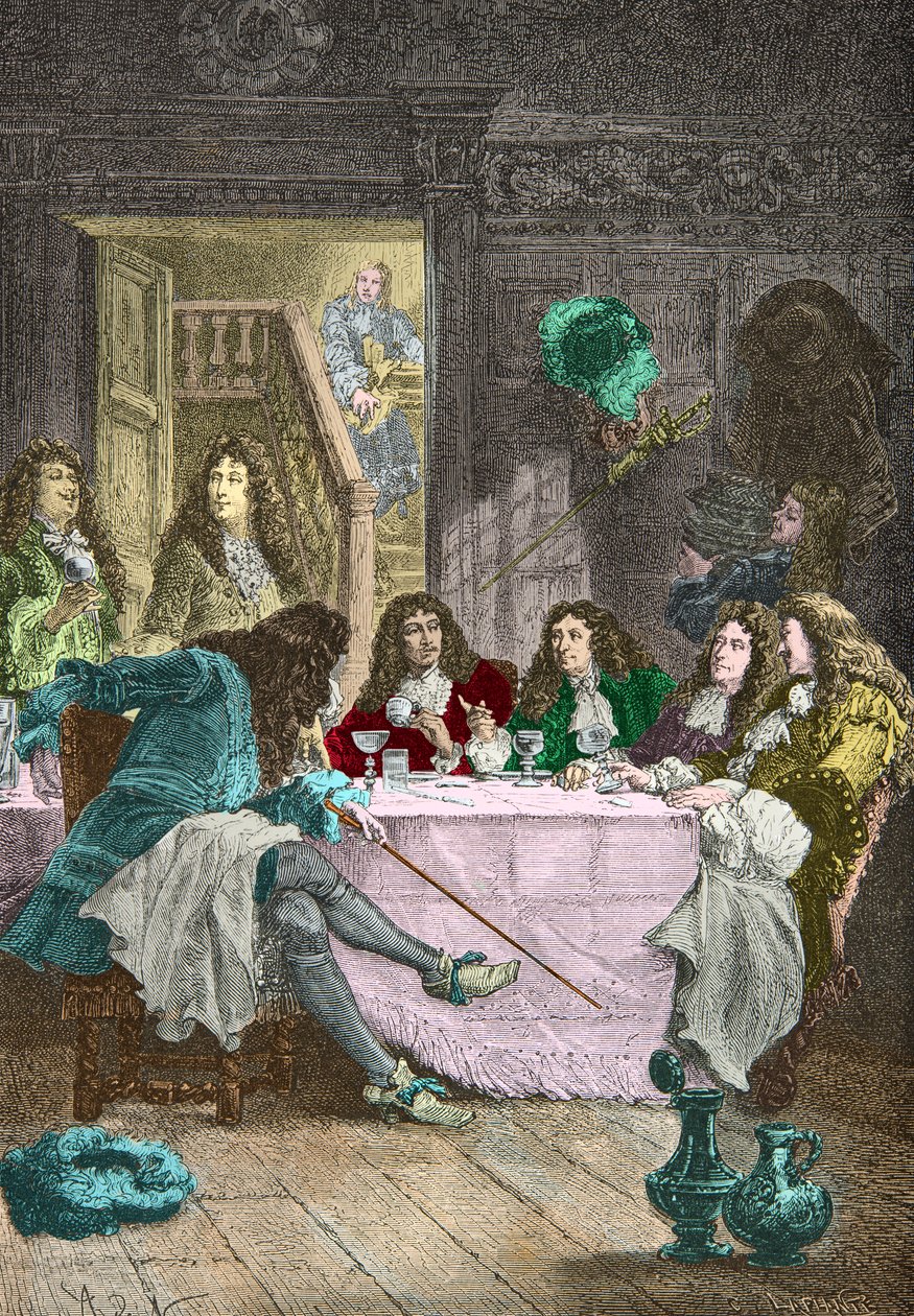 Jean de La Fontaine, Nicolas Boileau Despreaux, Moliere en Racine dineren in een cabaret (Gravure) door Alphonse Marie de Neuville