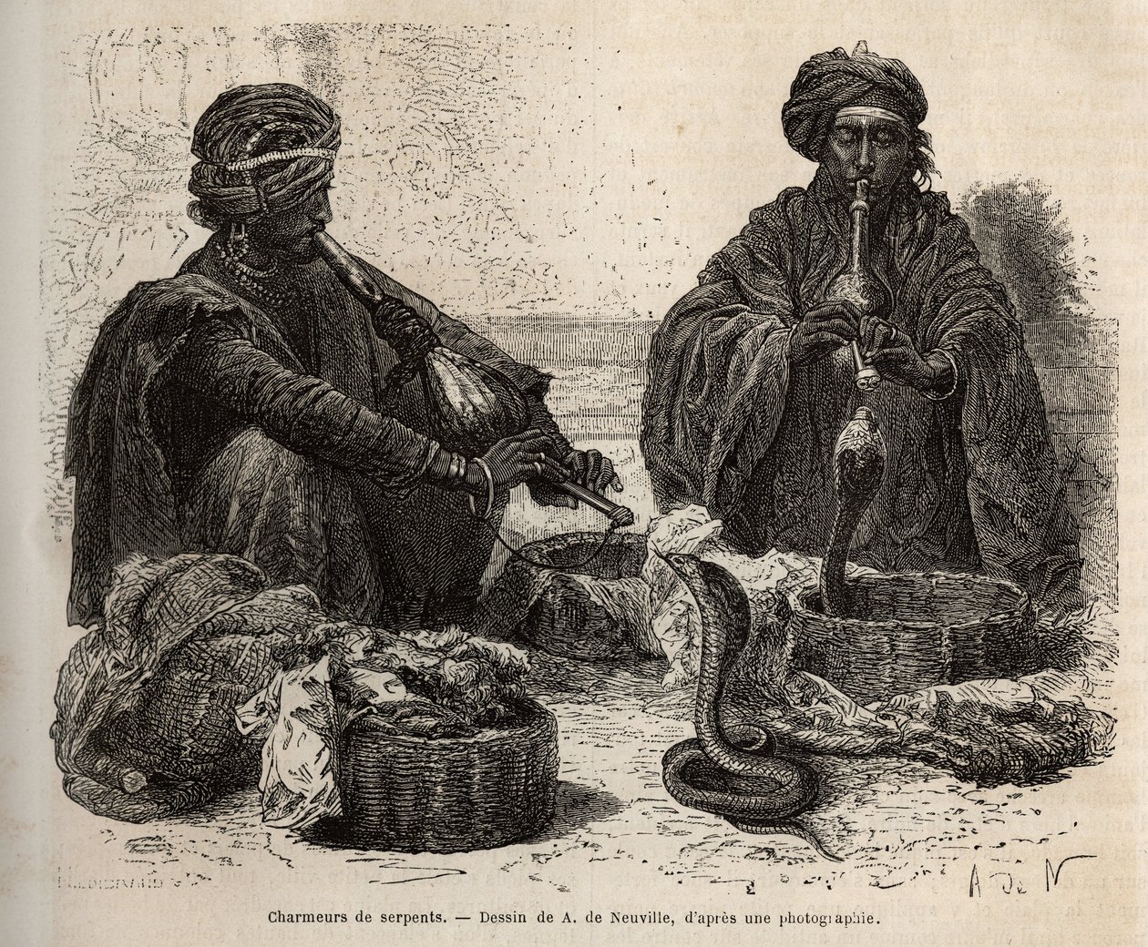 Les charmeurs de serpents, die handelen in reptielen, die ze aantrekken door in hun toumril (fluit) te blazen, gravure naar de tekening van A. de Neuville, ter illustratie van de reis naar India van de Rajahs, in 1864-1868, door Louis Rousselet, gepublicee door Alphonse Marie de Neuville