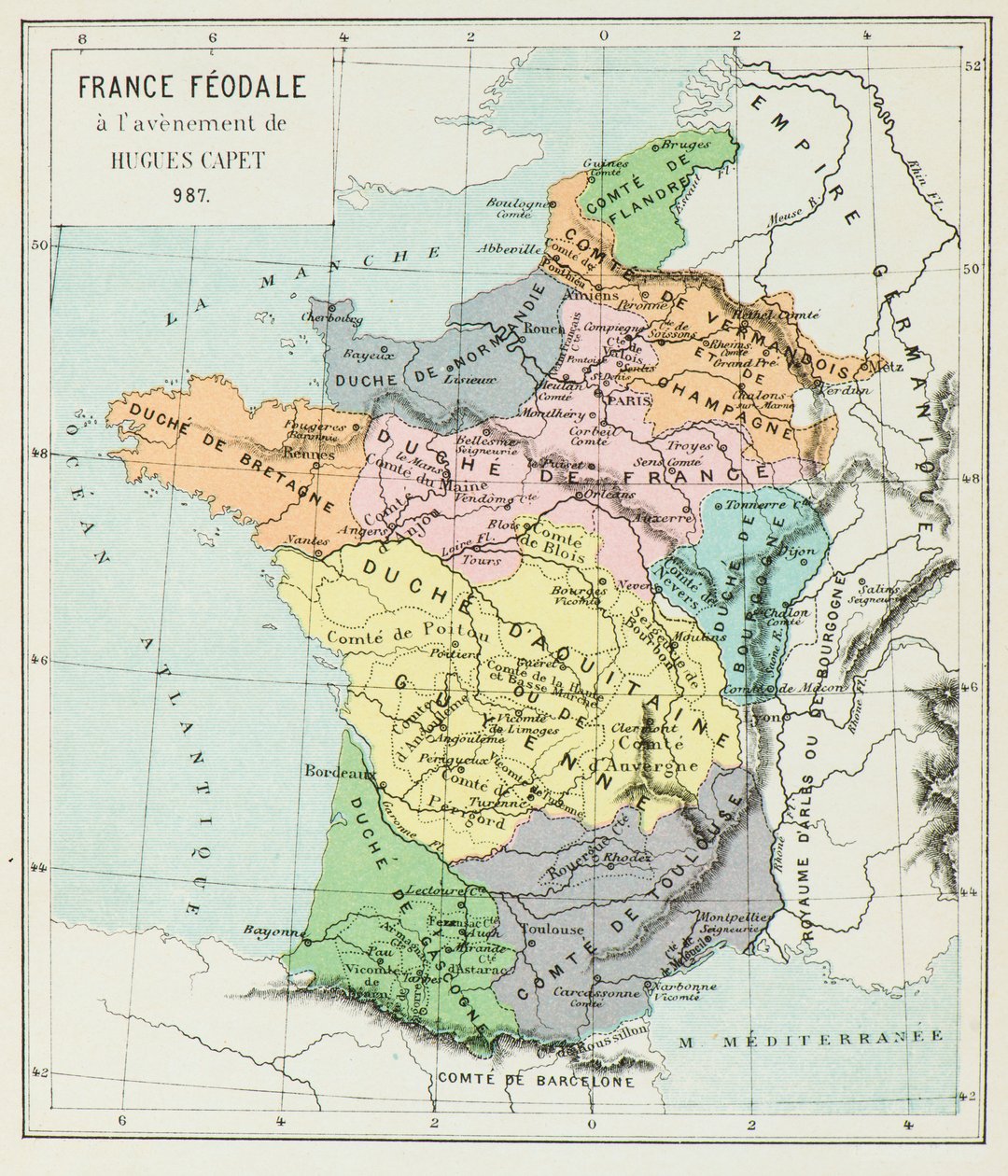 Kaart van Frankrijk in 987 (Gravure) door Alphonse Marie de Neuville