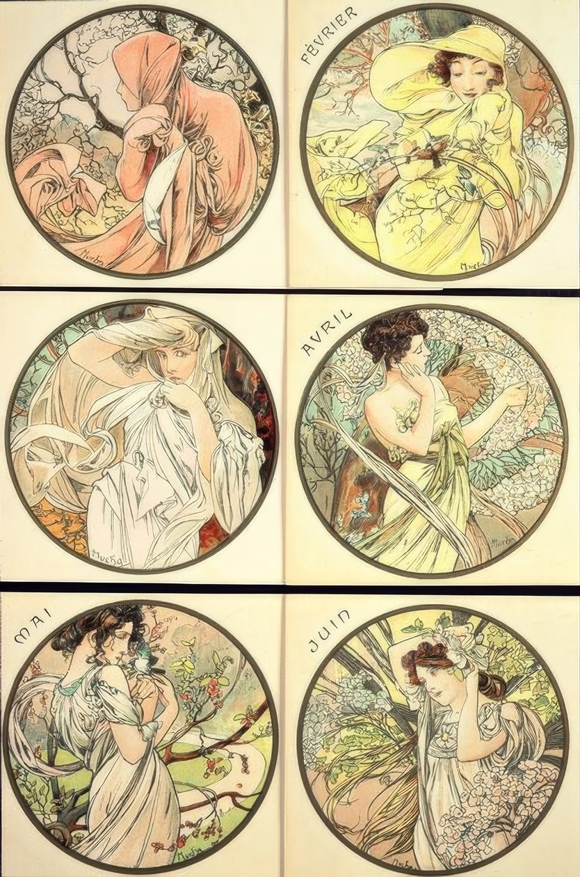 Januari / Februari / Maart / April / Mei / Juni door Alphonse Mucha