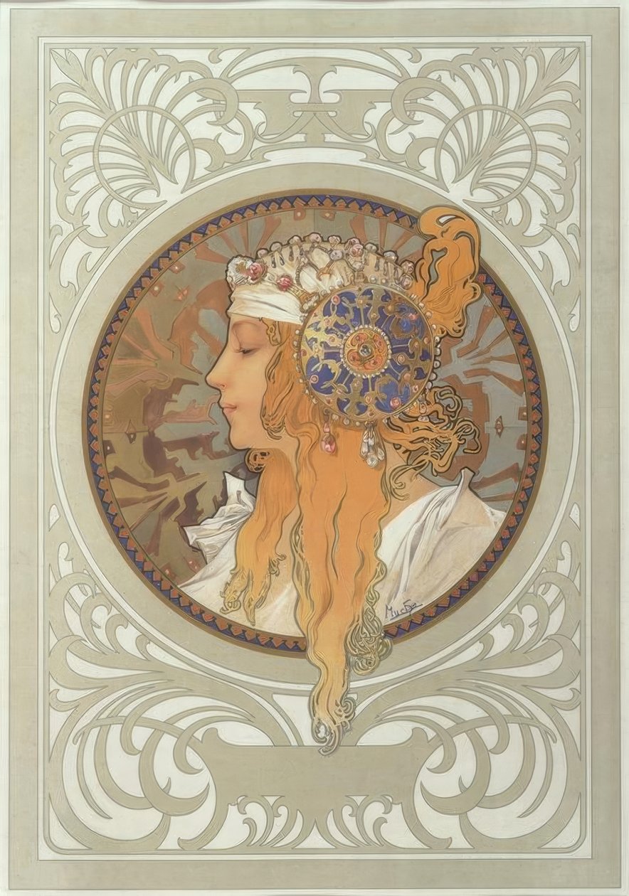 Byzantijns hoofd: Blondine door Alphonse Mucha
