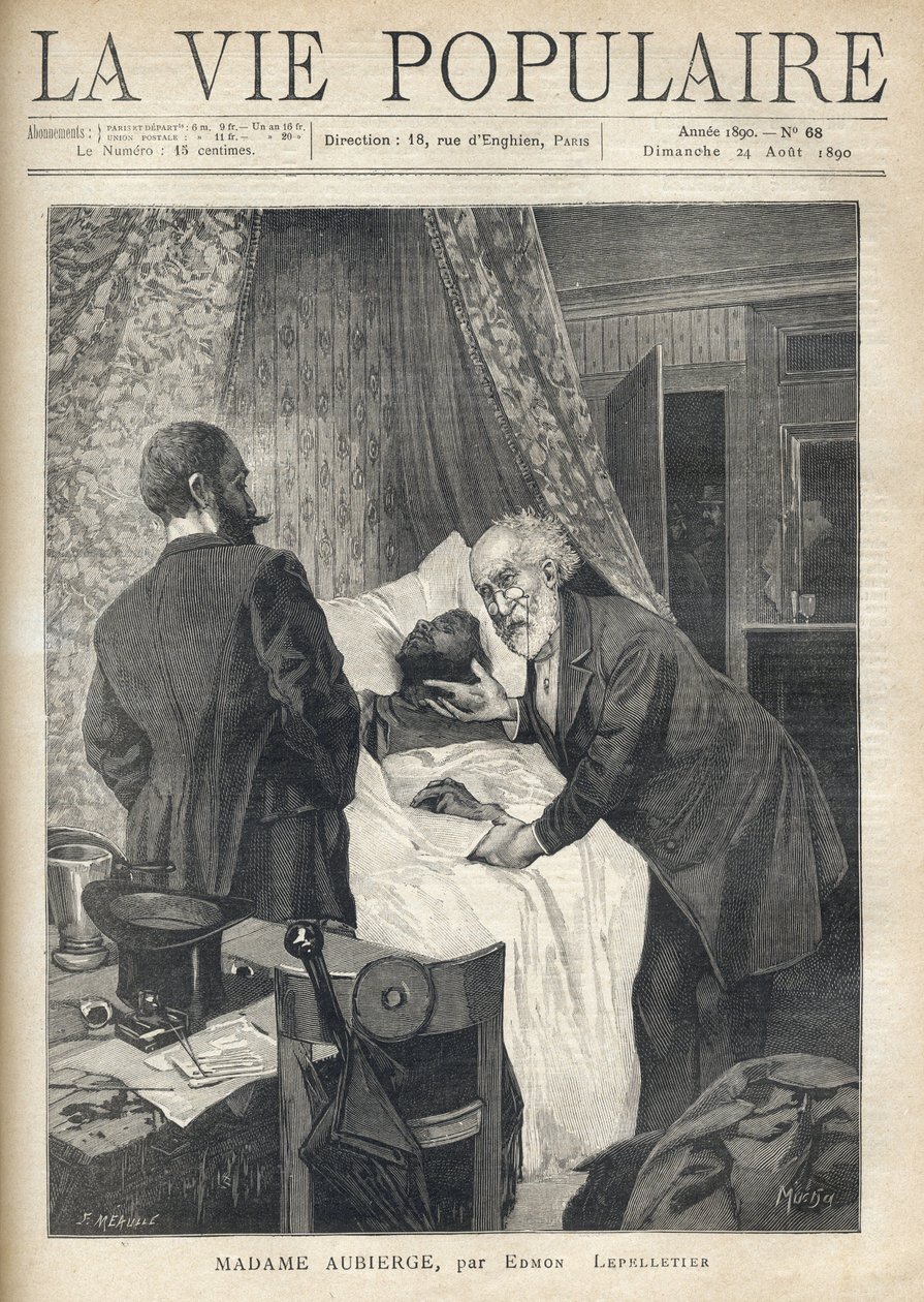 Twee mannen buigen zich over een bed om de dood van een man te zien. Bij de deur kijken andere mannen naar de scène. Illustratie door Alfons Maria Mucha (Alphonse Marie Mucha) door Alphonse Mucha