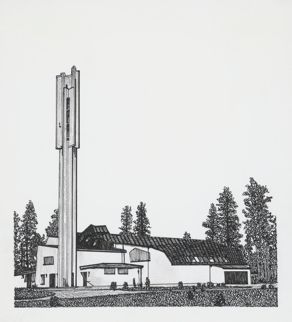 tekening van de Kerk van de Drie Kruisen door Alvar Aalto