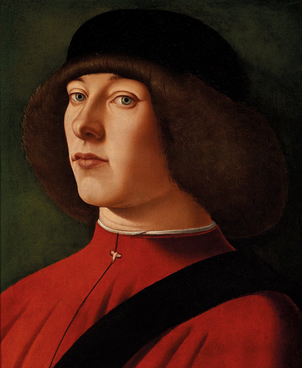 Portret van een man, buste-lengte, met een groene achtergrond door Alvise (and workshop) Vivarini