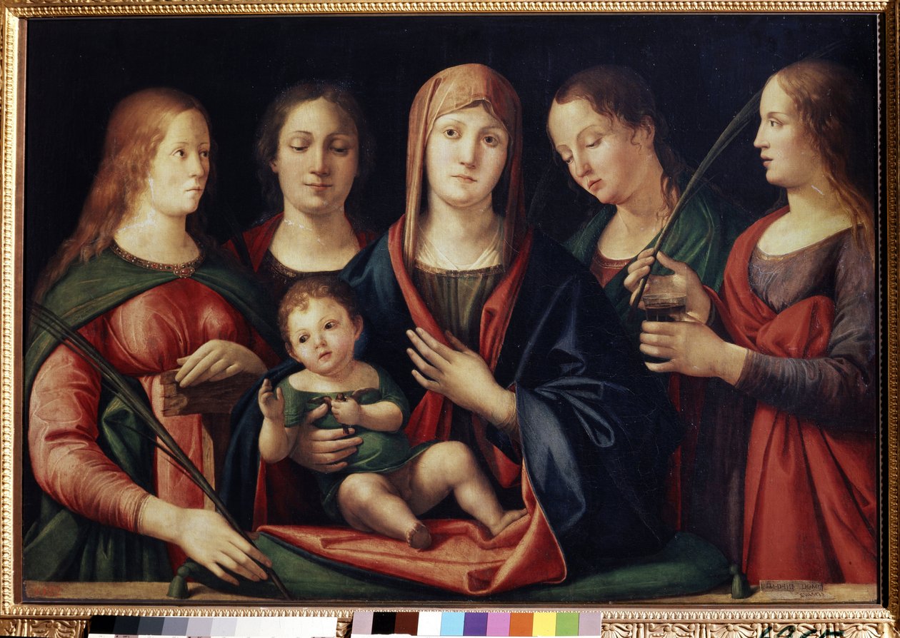 De Maagd en het Kind met Maria Magdalena, Sint-Catharina en twee heiligen door Alvise Vivarini