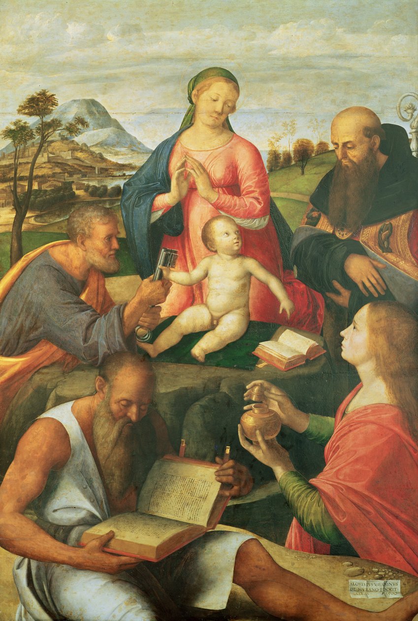 Madonna en Kind met HH. Petrus, Hiëronymus en Maria Magdalena met een Bisschop, 1500 door Alvise Vivarini