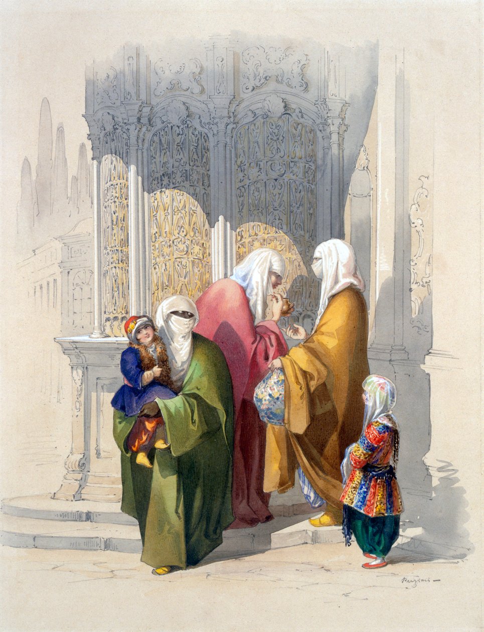 Straatscène met voorbijgangers, waaronder een arme zwarte Afrikaanse vrouw en kind, pub. 1865 door Amadeo Preziosi