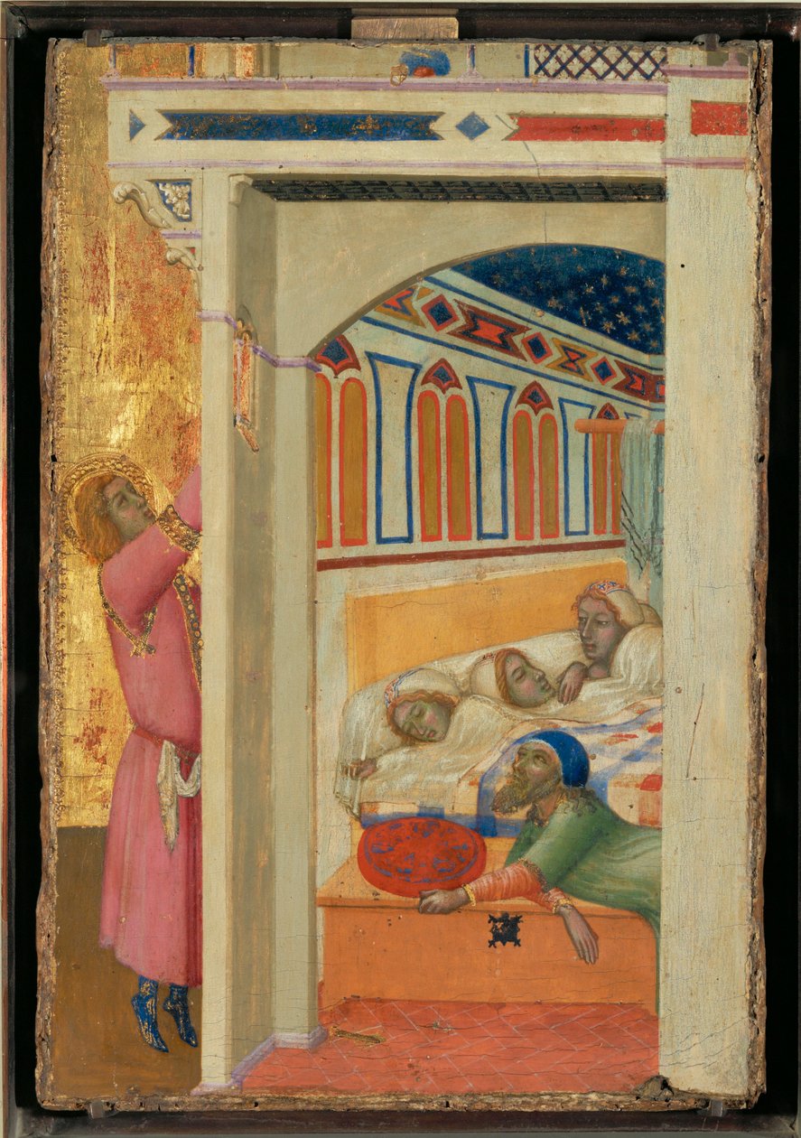 St. Nicolaas van Bari biedt een bruidsschat aan arme meisjes St. Nicolaas van Bari ... door Ambrogio (circle of) Lorenzetti