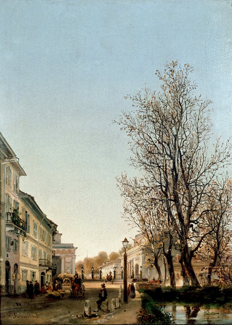 Zicht op Porta Venezia gebied, Milaan (schilderij, ca.1850) door Ambrogio Fermini