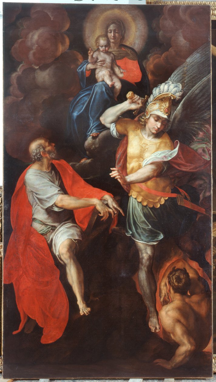 Madonna en Kind en St. Johannes de Evangelist en St. Michael door Ambrogio Giovanni Figino