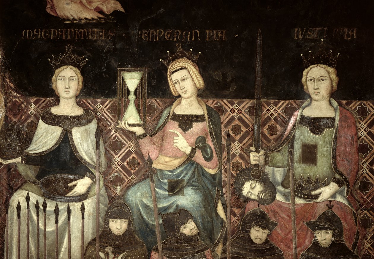 Allegorie van Goed Bestuur, detail van Gerechtigheid, Hoop en Grootmoedigheid, 1338-40 door Ambrogio Lorenzetti