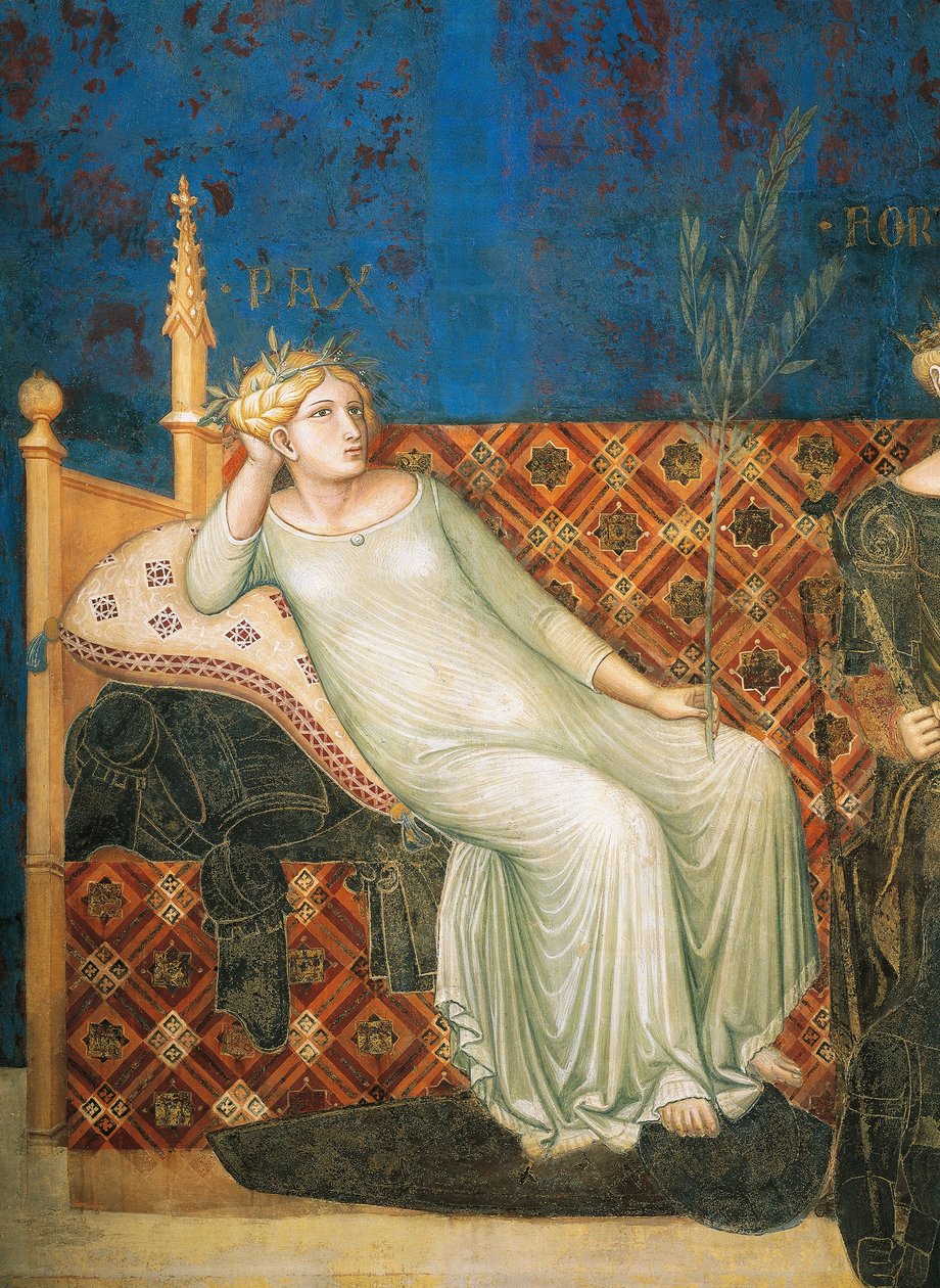 Allegorie van Goed Bestuur, vrede, detail uit Allegorie en Effecten van Goed en Slecht Bestuur op Stad en Land door Ambrogio Lorenzetti