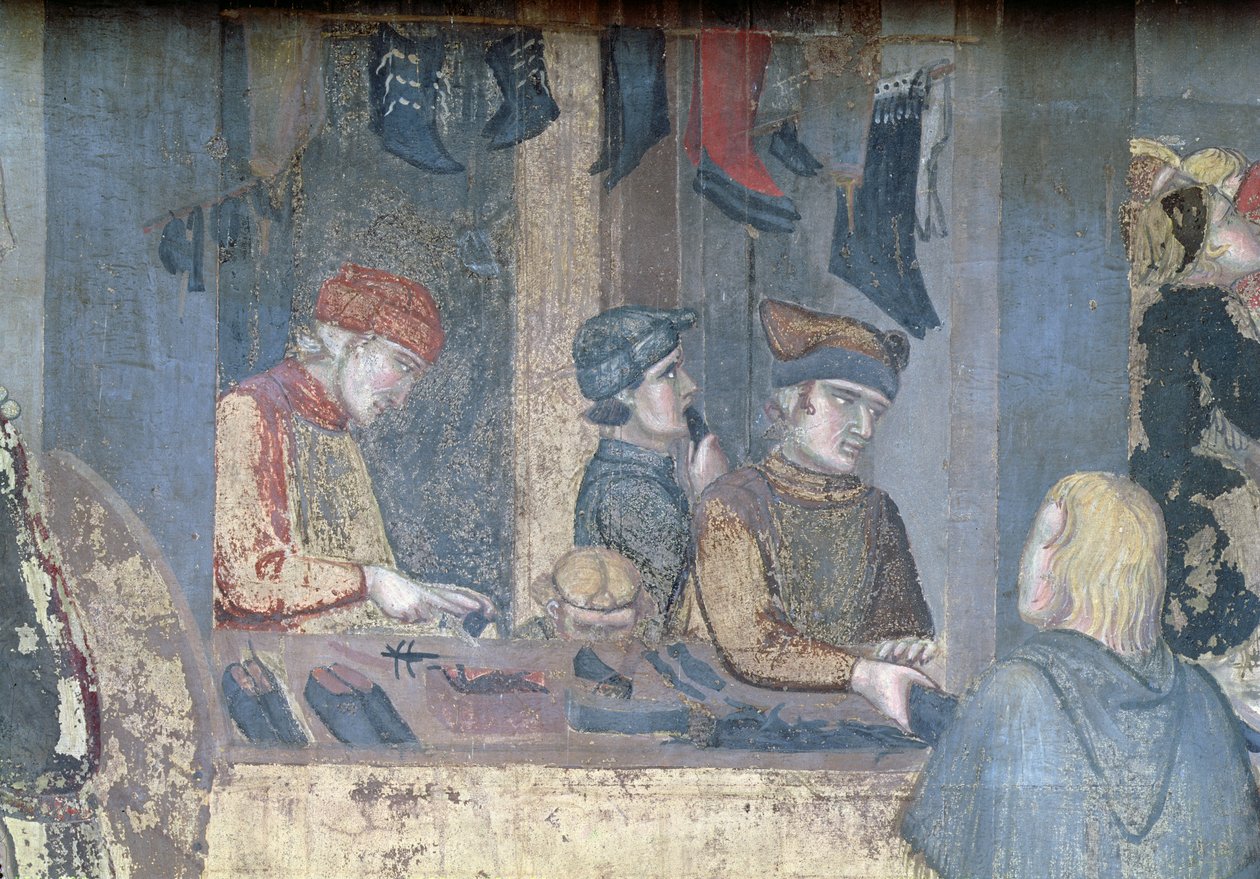 Effecten van goed bestuur in de stad, detail van een koopman en ambachtslieden in de schoenmakerij door Ambrogio Lorenzetti