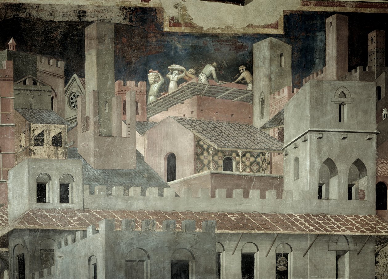 Effecten van Goed Bestuur in de Stad, detail van architectuur en constructie van een huis door Ambrogio Lorenzetti