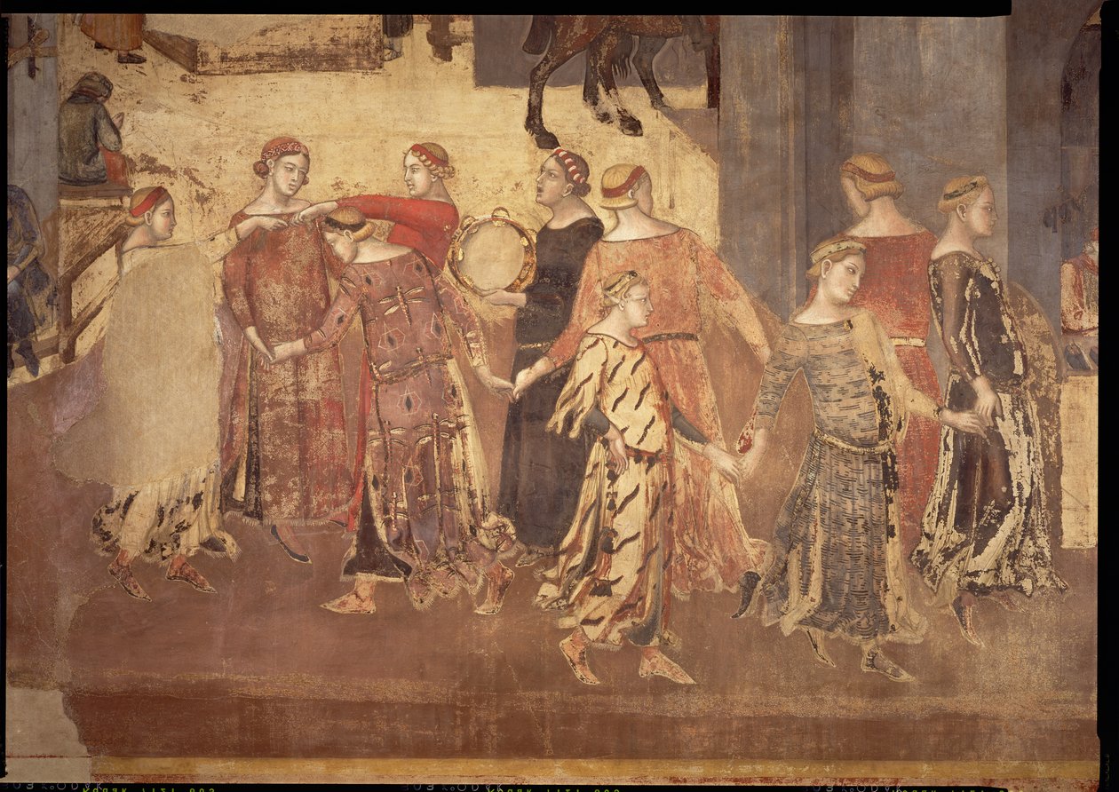 Effecten van Goed Bestuur in de Stad, detail van dansers en tamboerijnspelers, 1338-40 door Ambrogio Lorenzetti