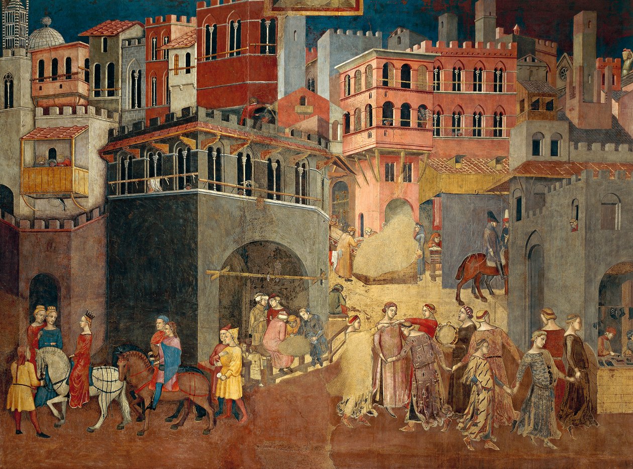 Effecten van goed bestuur in de stad, detail van Allegorie en effecten van goed en slecht bestuur in stad en land door Ambrogio Lorenzetti