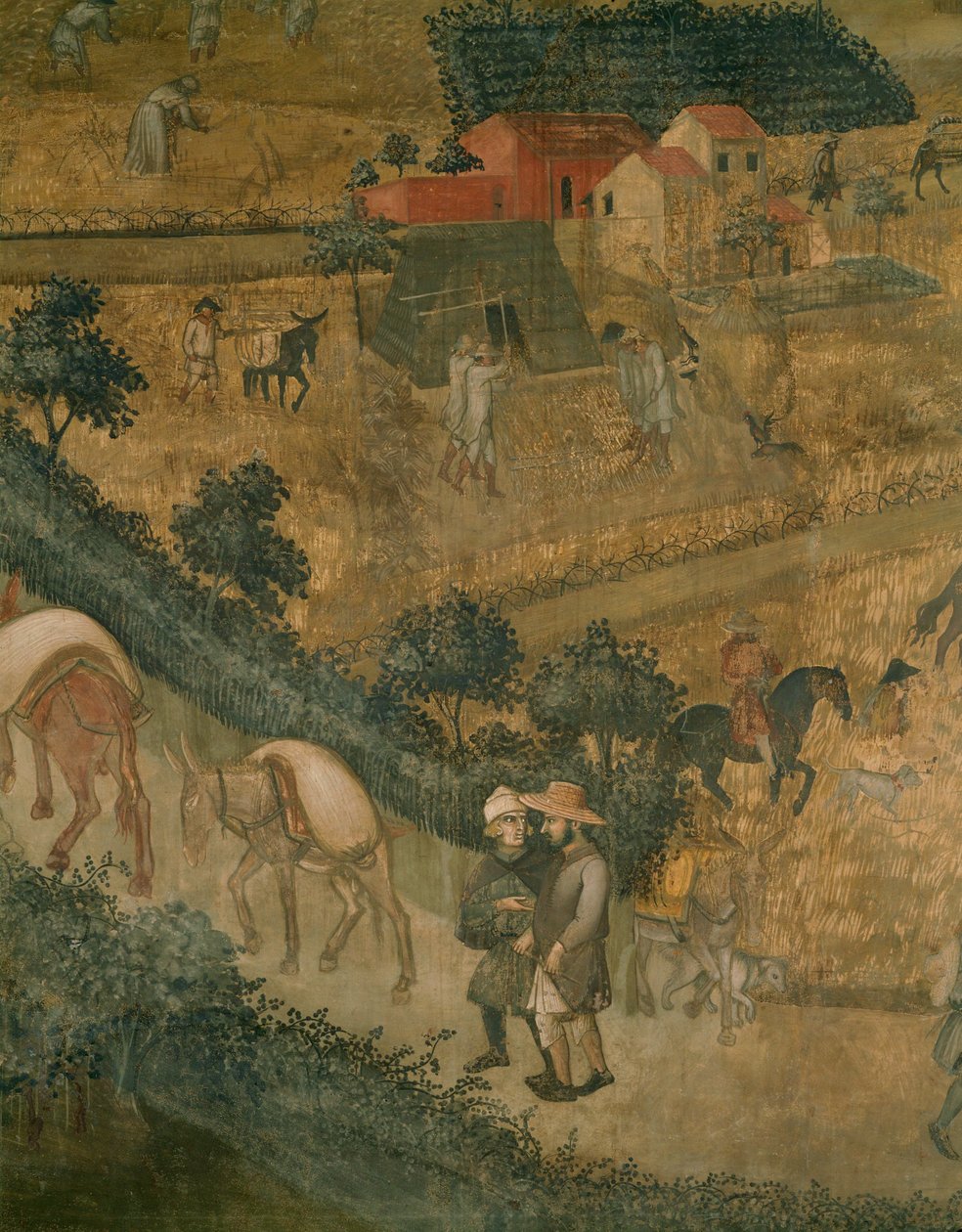 Landschap met ezels die zakken dragen (fresco) door Ambrogio Lorenzetti
