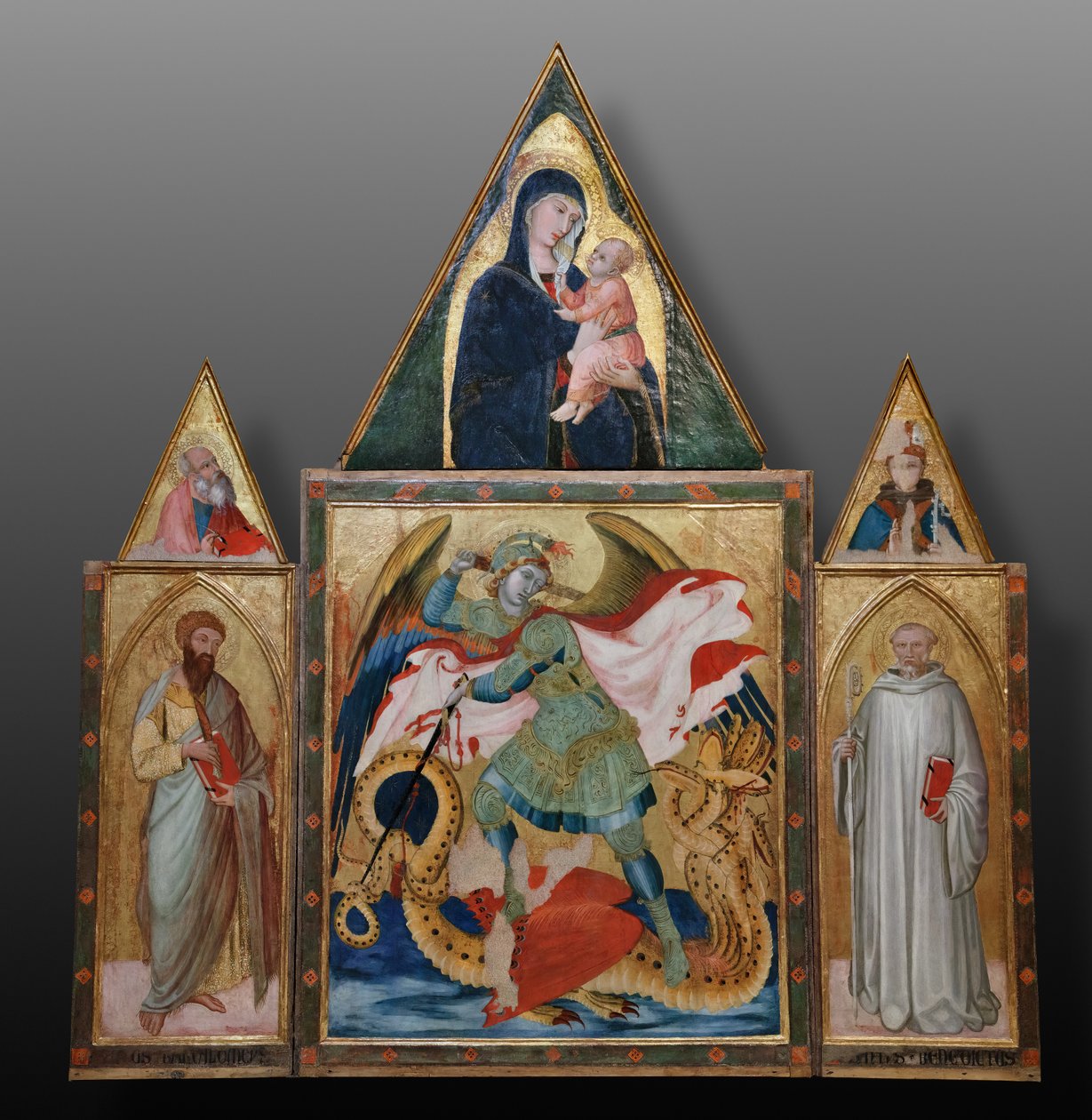 Sint Michaël de aartsengel die de draak doodt tussen de heiligen Benedictus en Bartholomeus door Ambrogio Lorenzetti