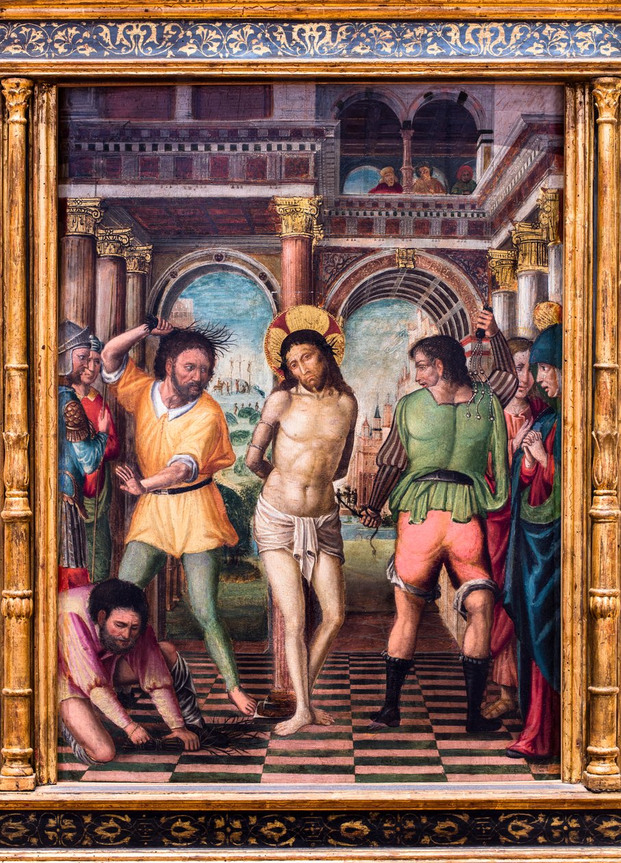 De geseling van Christus. begin 16e eeuw (Schilderij op hout) door Ambrogio da Fossano (c.1460-1523) (circle of)