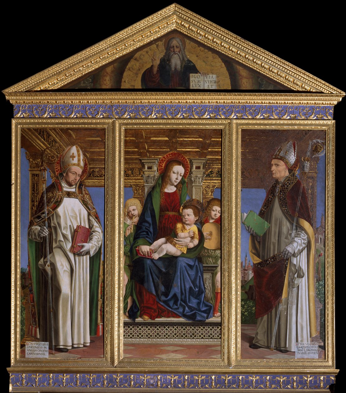 Maagd en Kind met de Heiligen Sint Hugo van Avalon (of Hugo van Lincoln) (1140-1200) en Sint Hugo van Grenoble (of Hugo van Chateauneuf) (1053-1132) door Ambrogio da Fossano (c.1460 1523)