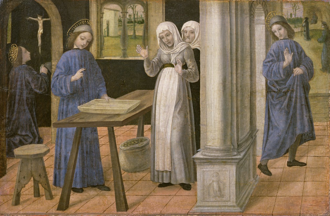 Het Gebed, Het Wonder van de Zeef en het Vertrek naar Subiaco, predellapaneel van een altaarstuk met Scènes uit het Leven van St. Benedictus, 1488-95 door Ambrogio da Fossano