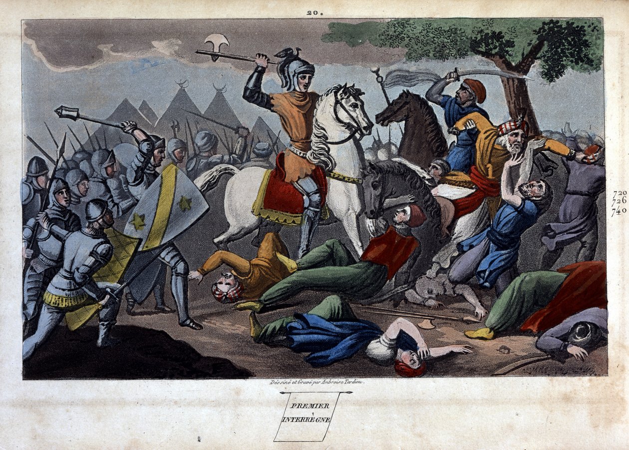 Slag bij Poitiers: Karel Martel verslaat tussen Tours en Poitiers Abd al-Rahman I of Abderamane I (Abd al-Rahman) (731-788), koning van de Saracenen in 732 - Ontworpen en gegraveerd door Ambrose Tardieu in 1825 door Ambroise Tardieu