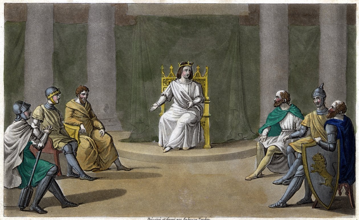 Caribert of Cherebert, koning van Parijs (561 - 567), houdt raad, waar hij recht spreekt. Ontworpen en gegraveerd door Ambroise Tardieu in 1825. door Ambroise Tardieu