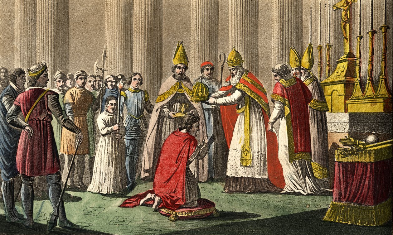 Karel de Grote (742-814) gekroond door paus Leo III (ca. 750-816) in de Sint-Pietersbasiliek in Rome op 25 december 800 - Heiliging (Kroning) van Karel de Grote (742 - 814) in 800 door paus Leo III. Ontworpen en gegraveerd door Ambroise Tardieu in 1825. door Ambroise Tardieu