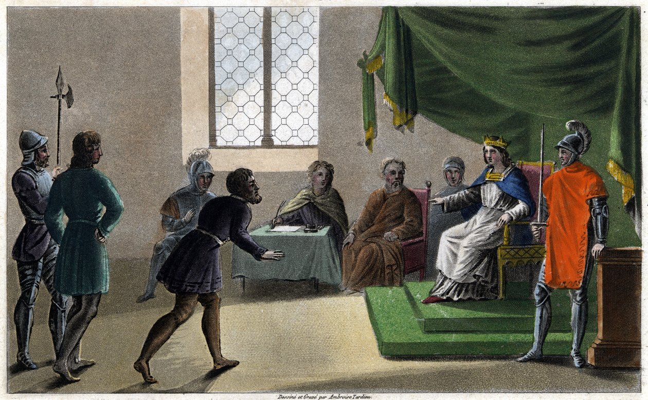 Childebert II de rechtvaardige die recht spreekt aan zijn onderdanen (711). Ontworpen en gegraveerd door Ambroise Tardieu in 1825 door Ambroise Tardieu