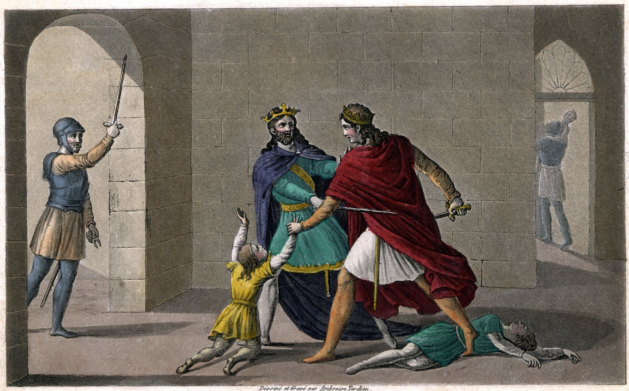 Childebert I laat Clotaire de kinderen van hun broer Clodomir, koning van Orléans, afslachten, wiens staten ze delen. Ontworpen en gegraveerd door Ambroise Tardieu in 1825 door Ambroise Tardieu