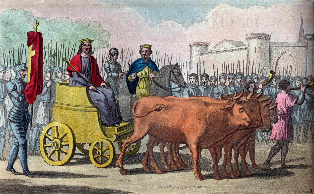 Clovis III (overleden 695), Merovingische dynastie, koning van Austrasië van 691 tot 695. Pepijn van Herstal plaatst de kroon op het hoofd van Clovis III - Getekend en gegraveerd door Ambroise Tardieu in 1825 door Ambroise Tardieu