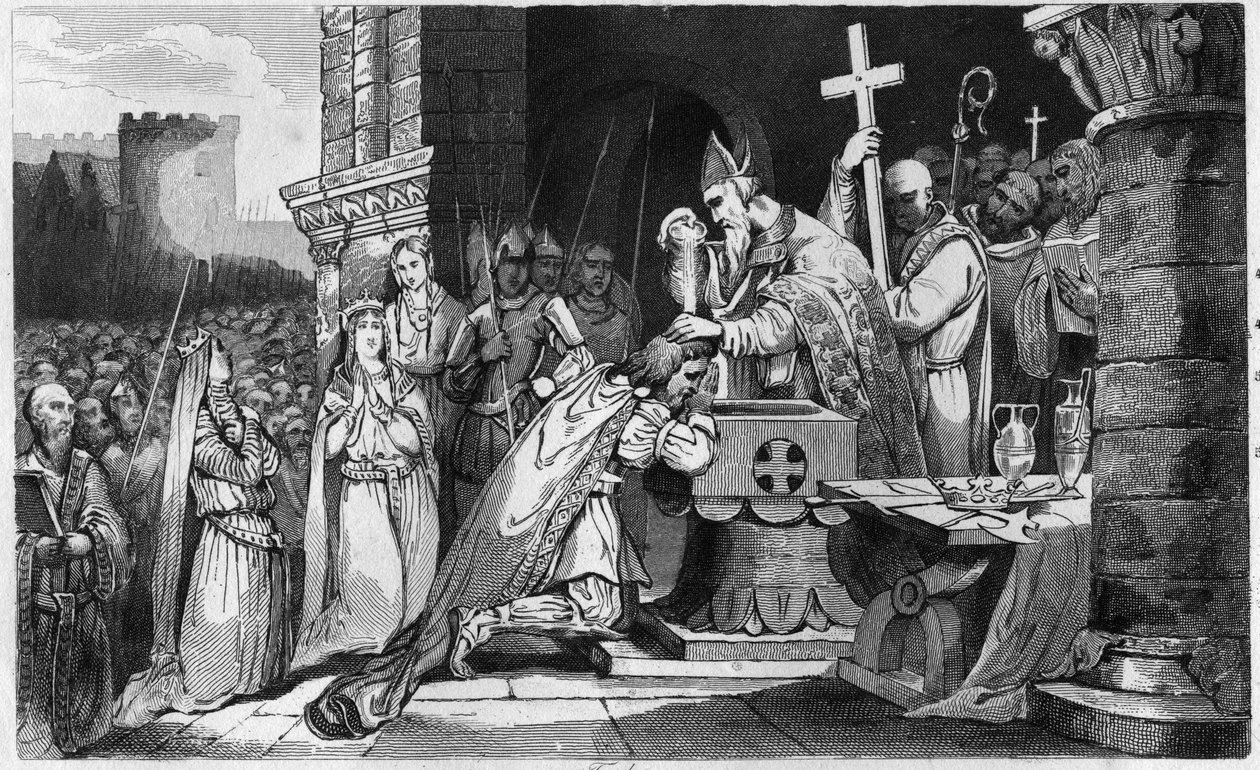 Clovis I (465-511) gedoopt met mannen uit zijn leger voor de Slag bij Tolbiac - Doop van Clovis 1e, 25 december 496: de koning der Franken (466-511) wordt gedoopt door Saint Remi (437-533), bisschop van Reims, in de Saint Martin Kerk - Gravure 1825 in 