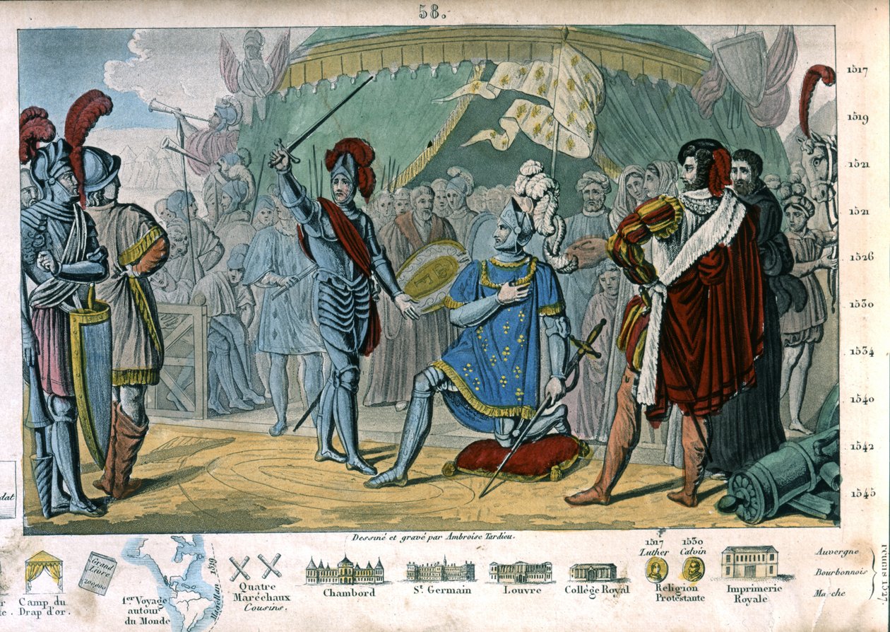 Frans I van Frankrijk vraagt om geridderd te worden door de Chevalier Bayard na de overwinning in de Slag bij Marignano, Italië door Ambroise Tardieu