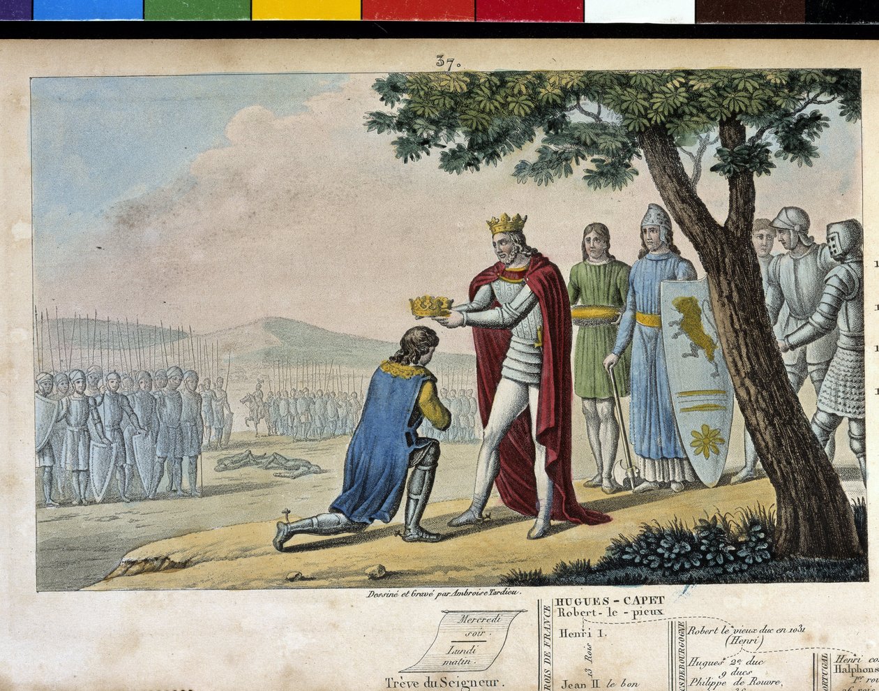 Hendrik I (1008 - 1060), Capetiaanse dynastie. Winnaar van zijn broer Robert de Oude, hij vergaf hem en gaf hem het Hertogdom Bourgondië in 1016 - Ontworpen en gegraveerd door Ambroise Tardieu in 1825. door Ambroise Tardieu
