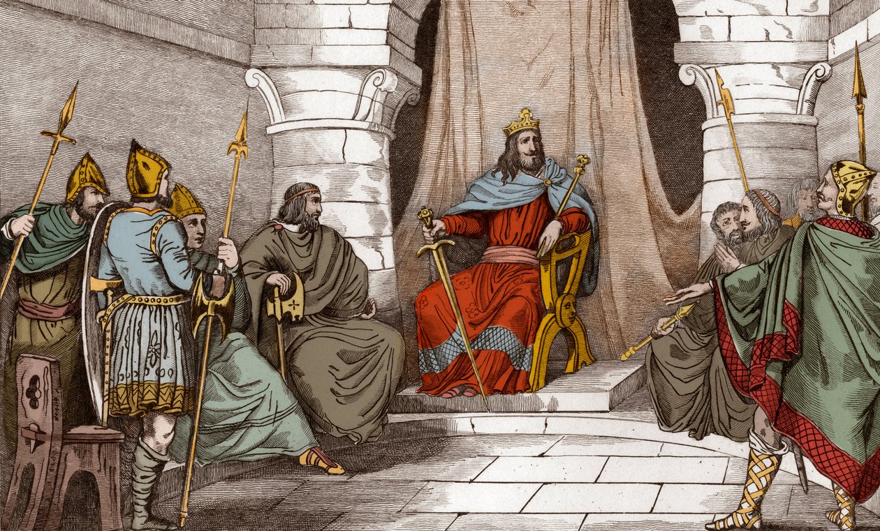 Koning Charibert (521-567) in Raad met Magistraten - Caribert of Cherebert, koning van Parijs (561-567) houdt raad, of hij sprak recht - Gravure van 1825 in 