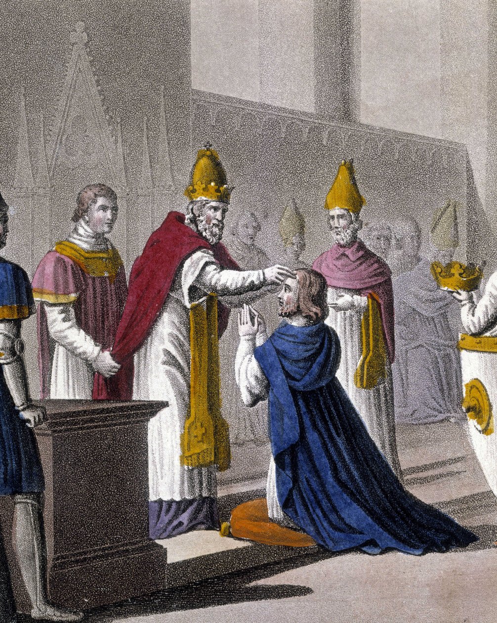 Louis II werd voor de tweede keer gewijd op het Concilie van Troyes door Johannes VIII in 879 (detail). Ontworpen en gegraveerd door Ambroise Tardieu in 1825. door Ambroise Tardieu