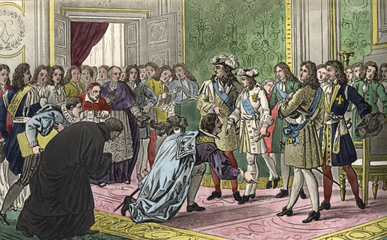 Lodewijk XIV (1638-1715), omringd door zijn familie en de belangrijkste figuren van het hof, presenteert zijn kleinzoon Filips V aan de gezanten van Spanje als hun nieuwe koning in 1700. - Ontworpen en gegraveerd door Ambroise Tardieu in 1825 door Ambroise Tardieu
