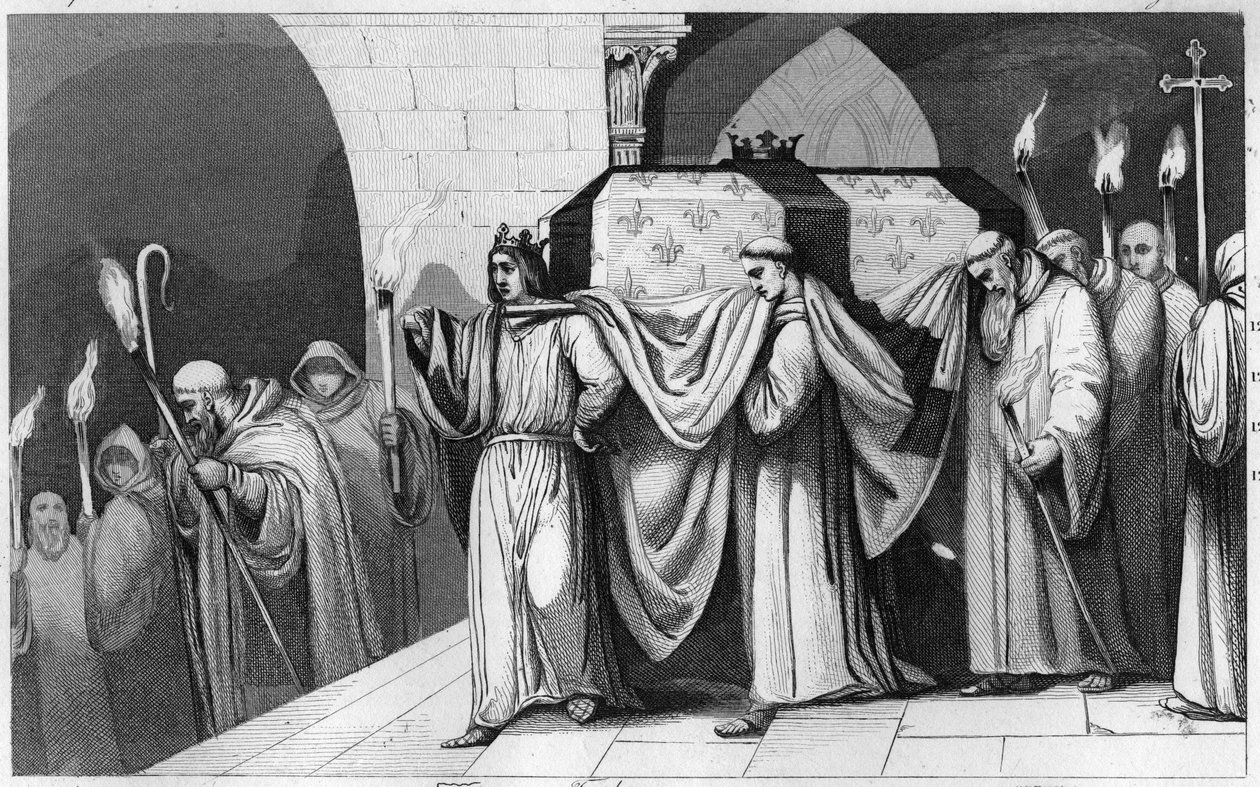 Filips III de Stoute helpt de kist van zijn vader dragen in de Basiliek van Saint Denis in 1271 - Filips III de Stoute transporteert de relieken van zijn vader Lodewijk IX naar de basiliek van Saint Denis, necropolis van koningen in 1271 - Gravure door Ambroise Tardieu