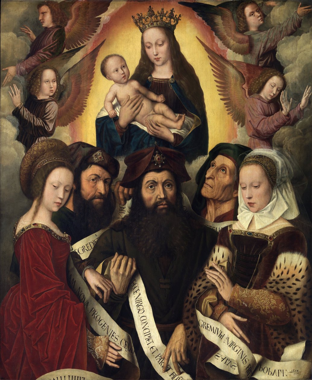 Dutch: Maria met kind omringd door engelen, profeten en sibillen Deipara Virgo door Ambrosius Benson