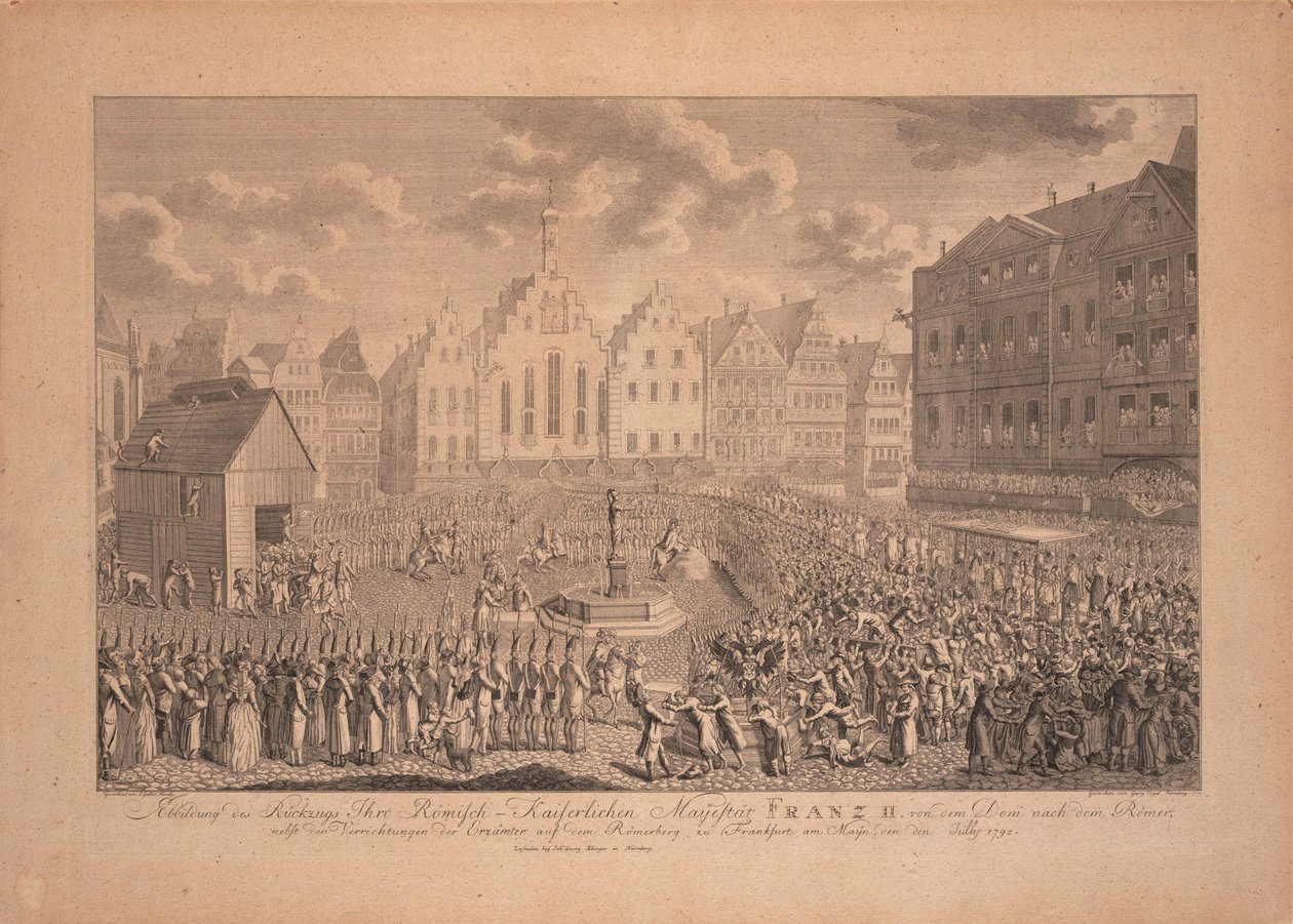 De kroningsprocessie van Frans II van de Frankfurtse Kathedraal naar Römerberg in juli 1792 door Ambrosius Gabler