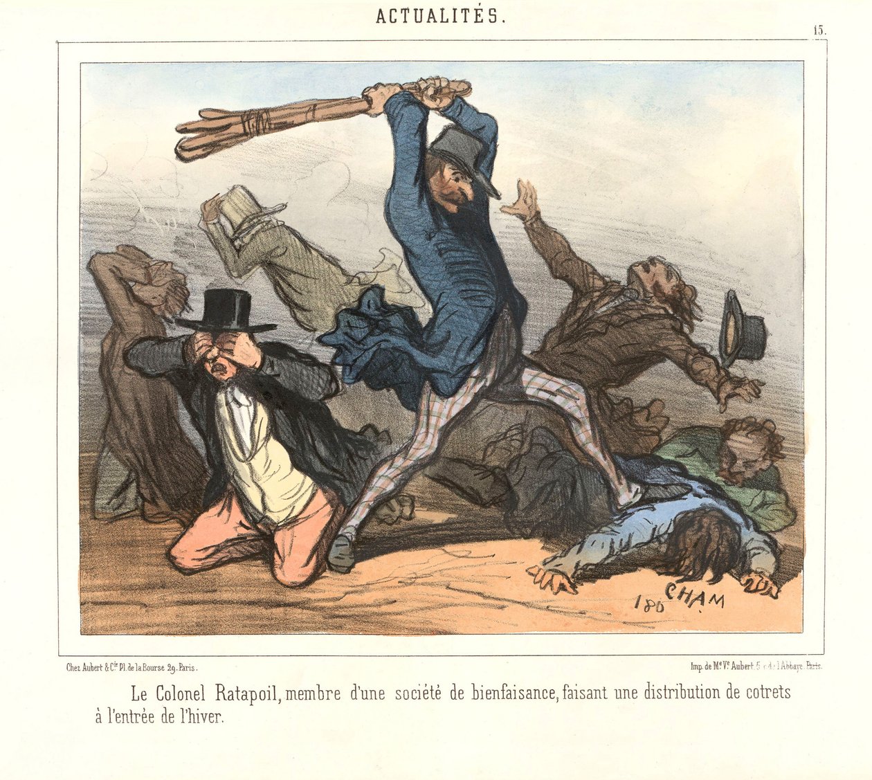 Kolonel Ratapoil, lid van een liefdadigheidsvereniging, deelt bestek uit aan het begin van de winter. door Amédée de Noé