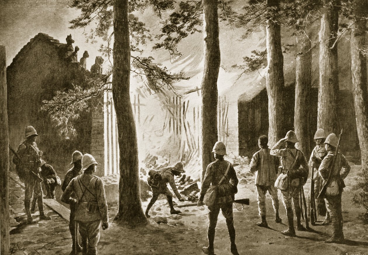 De vernietiging van een Chinese tempel aan de oever van de Pei-Ho door Amedee Forestier