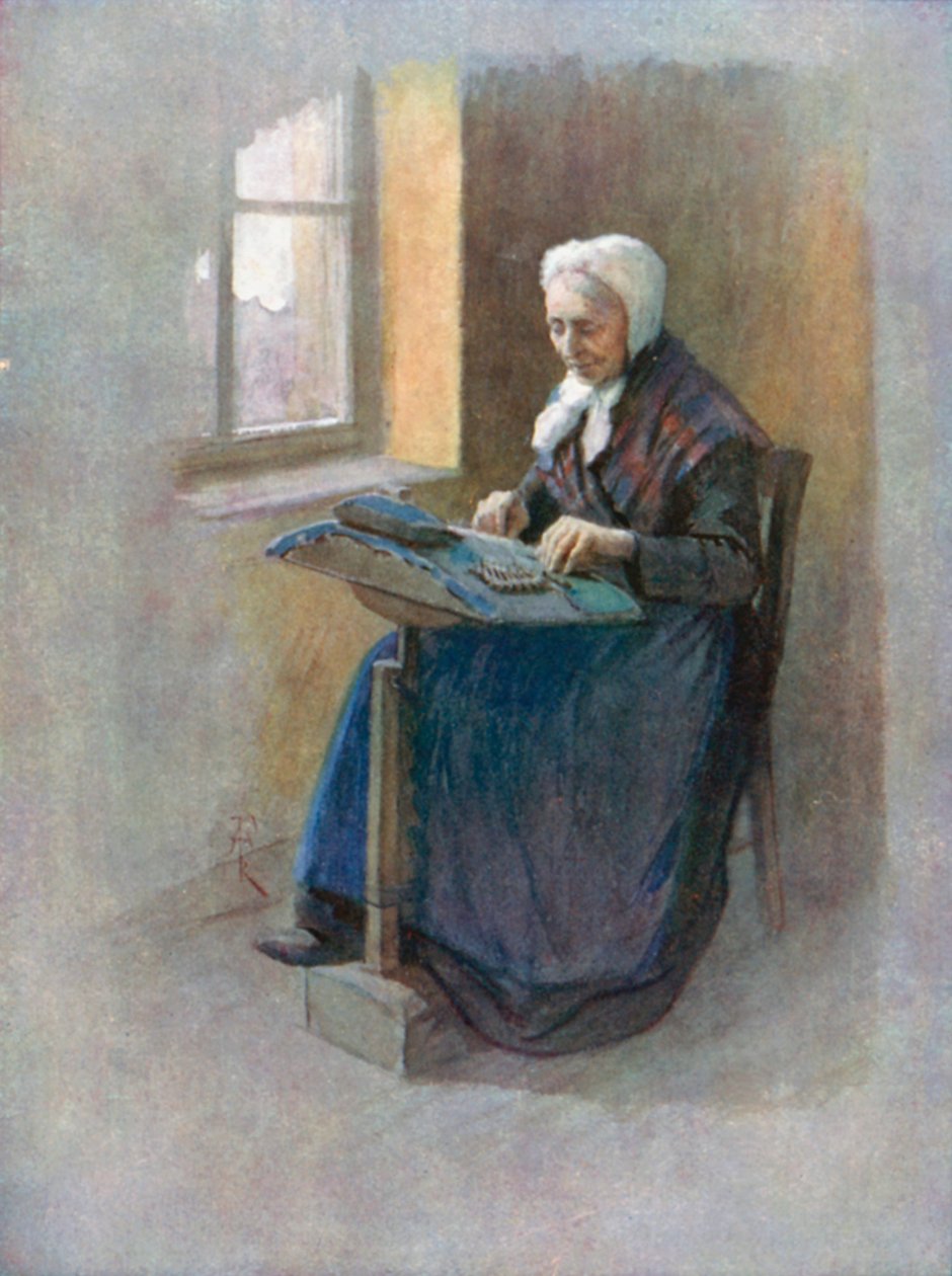 Een oude kantwerkster, Gent (kleurenlitho) door Amedee (after) Forestier