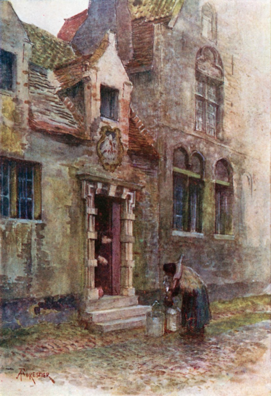 Huis van de Pelikaan, Brugge (kleurenlitho) door Amedee (after) Forestier