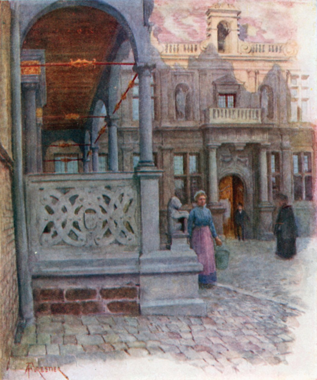 Peristyle van stadhuis en paleis van justitie, Furnes (kleurenlitho) door Amedee (after) Forestier